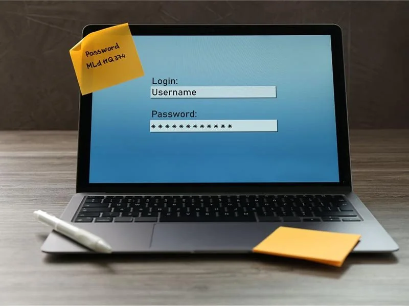 Laptop displaying a username and password login screen with sticky notes showing a written password, illustrating poor password security practices.