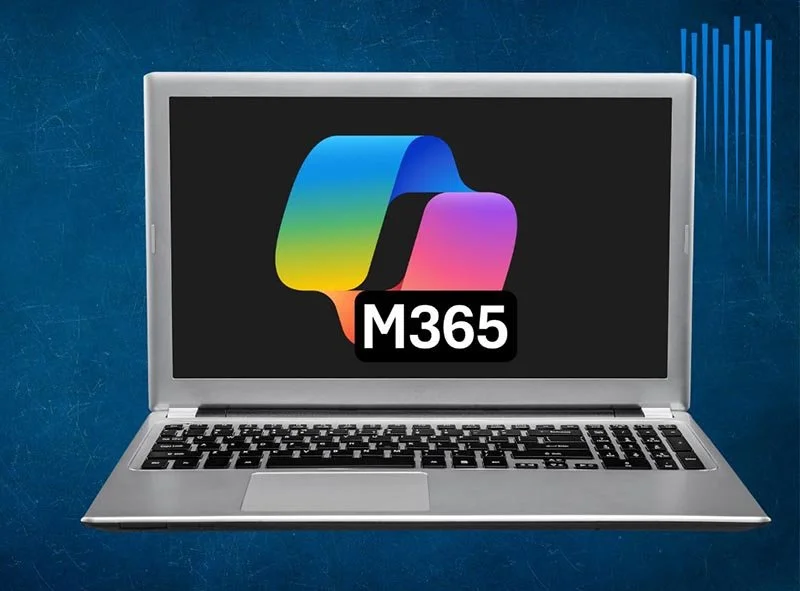 Laptop displaying the colorful Microsoft 365 (M365) logo on its screen against a blue textured background.
