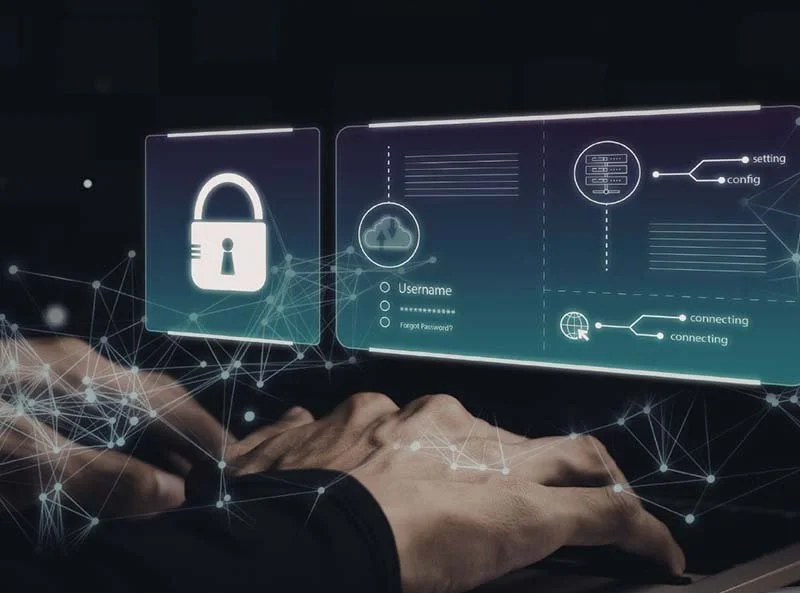 Secure login interface with a padlock icon and user authentication fields displayed over a network connection graphic as hands type on a laptop keyboard.