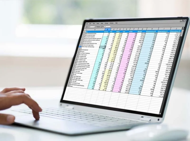 Person using a laptop displaying a spreadsheet with rows and columns of business data.