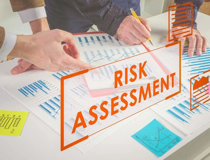 Risk assessment process with business analytics charts, reporting documents, and data analysis for compliance and risk management planning.