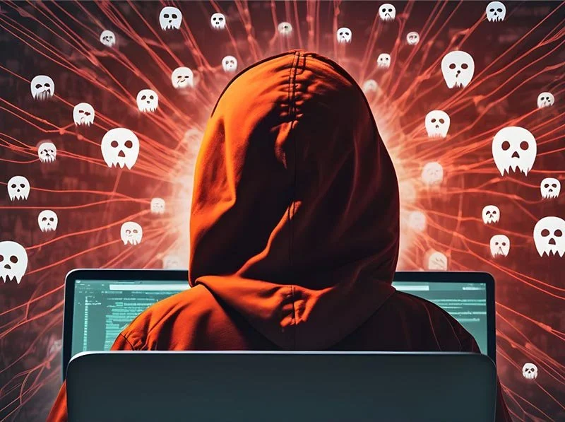 Person in a red hoodie sitting at a computer, surrounded by digital skull icons symbolizing cyber threats.