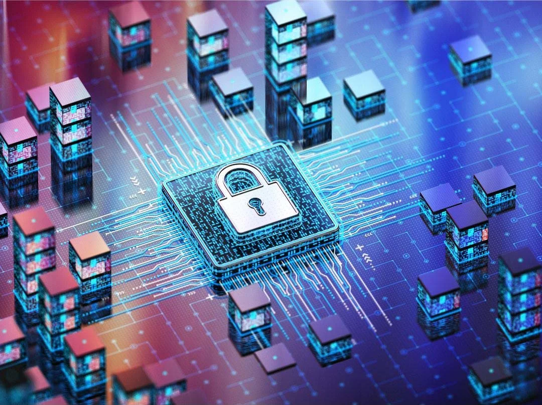 Illustration of a digital security network with a central padlock icon connected to multiple data nodes on a circuit board.