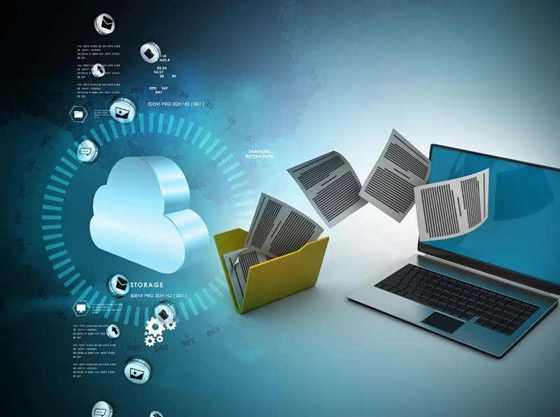 llustration of digital file transfer between a laptop and cloud storage, with documents moving from a folder into a connected cloud system.