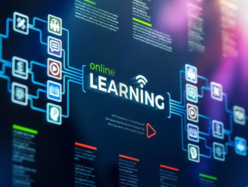 Digital graphic showing the words ‘Online Learning’ surrounded by interconnected icons representing education and technology concepts.