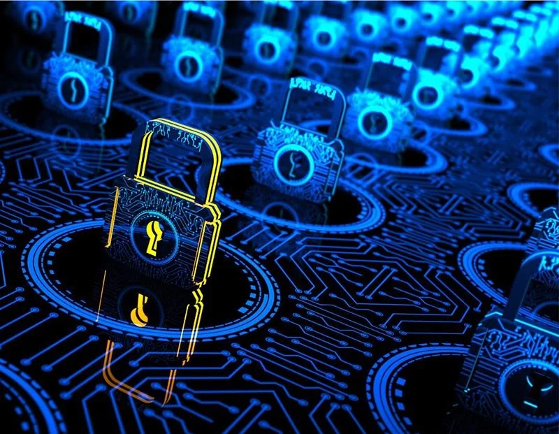 Glowing digital padlocks on a circuit board representing cybersecurity and data protection.
