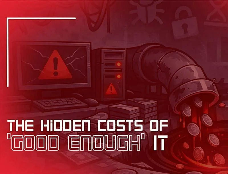 Illustration of a failing computer system with warning symbols and coins spilling from a pipe, alongside the text ‘The Hidden Costs of Good Enough IT.