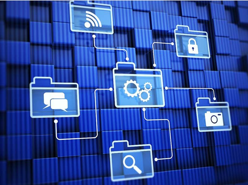 Connected digital folders representing document management, file organization, cloud storage, search, and collaboration tools.