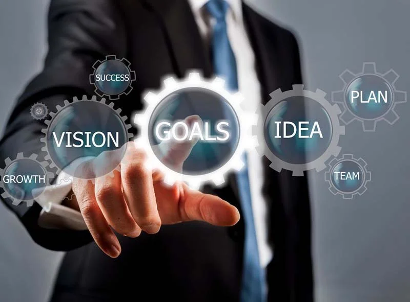 Business professional interacting with a digital interface displaying interconnected gears labeled Vision, Goals, Idea, Plan, Team, Growth, and Success, representing strategic planning and business goal achievement.