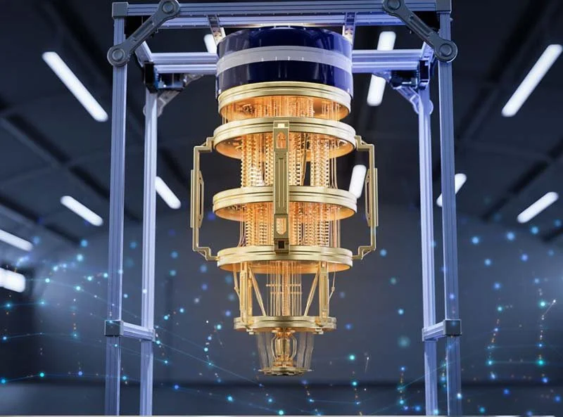 Quantum computer processor with advanced circuitry in a secure research environment, representing the future of AI, encryption, cybersecurity, and high-performance computing.