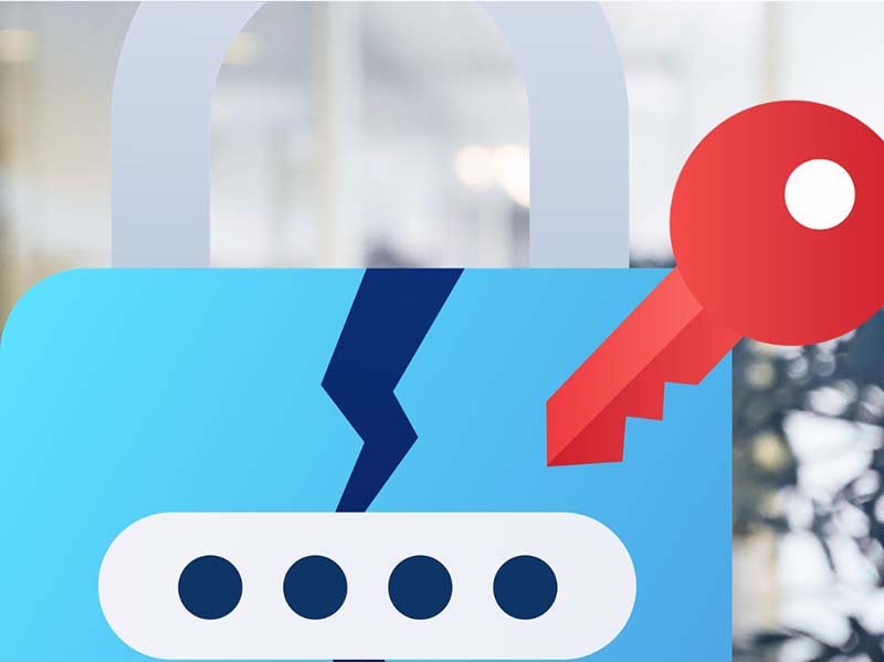 Illustration of a cracked blue password lock with a red key, representing password security risks, compromised credentials, or cybersecurity protection.
