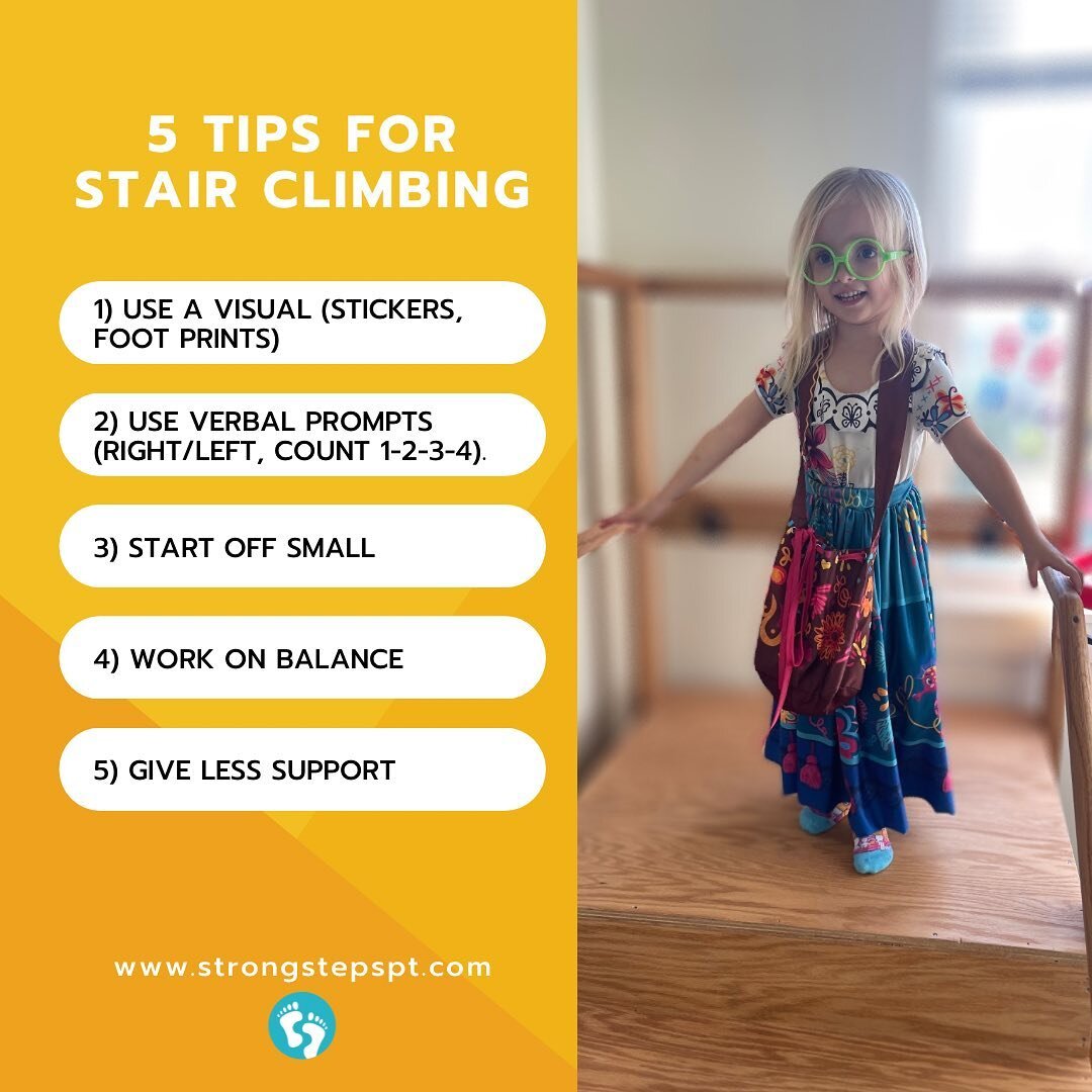 Mirabel was working on her stair climbing at @strongstepspt today!

Around 2 years old, toddlers start to figure out how to walk up and down the stairs using a non-alternating pattern with the help of a hand-rail. 

Around 3 years old, children may s