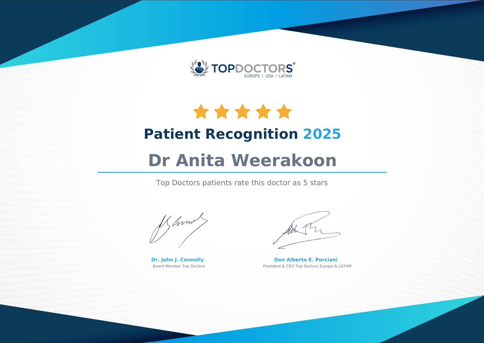Certificate of patient recognition for Dr. Anita Weerakoon from Top Doctors in 2025, with a 5-star rating, signatures of Dr. John J. Connolly and Don Alberto E. Porciani.