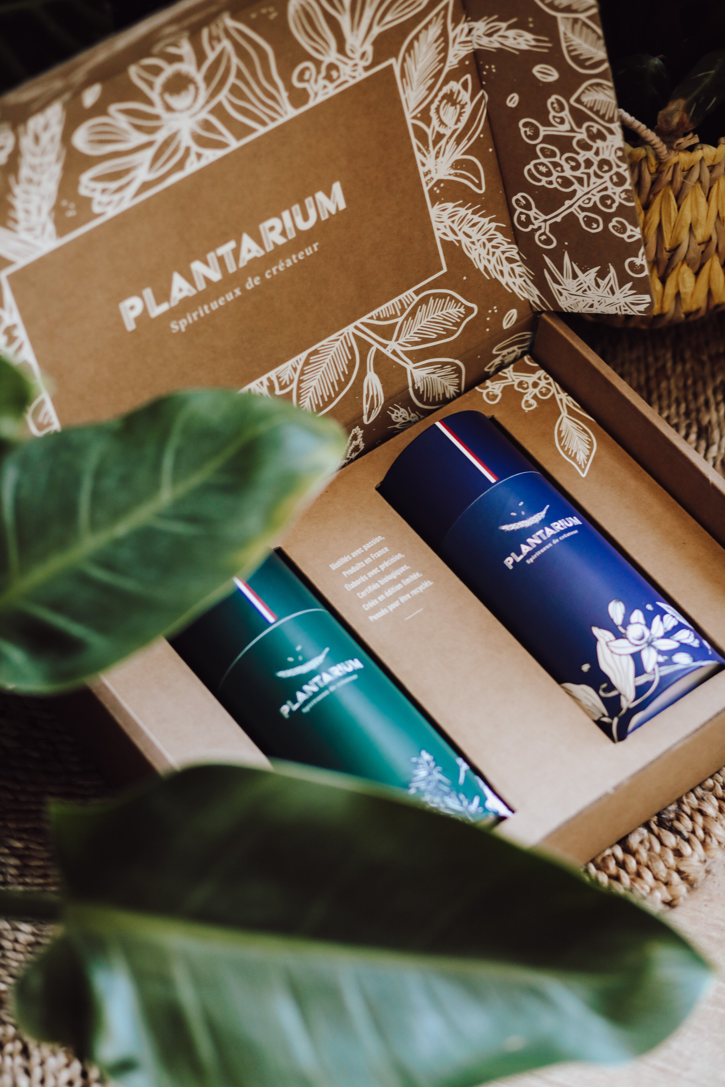 Étui de bouteille de vodka et de gin au sein de son coffret recyclable.