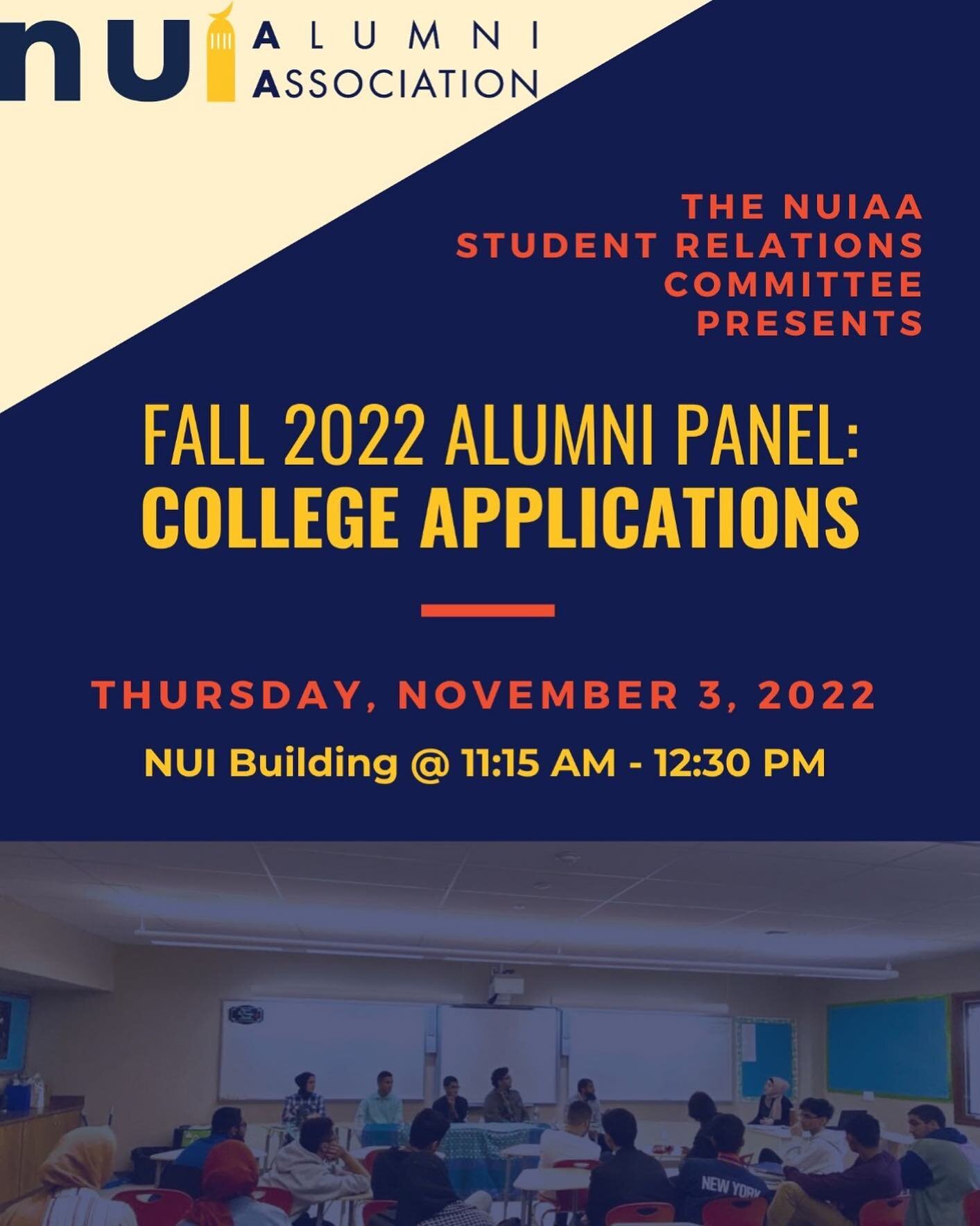 Assalamualaykum, we are seeking alumni panelists for the upcoming NUIAA student relations panel. Please see flyer for details. The event is on Thursday, November 3 from 11:15am-12:30pm, insha'Allah. 

If you are interested please reach out to shfahum