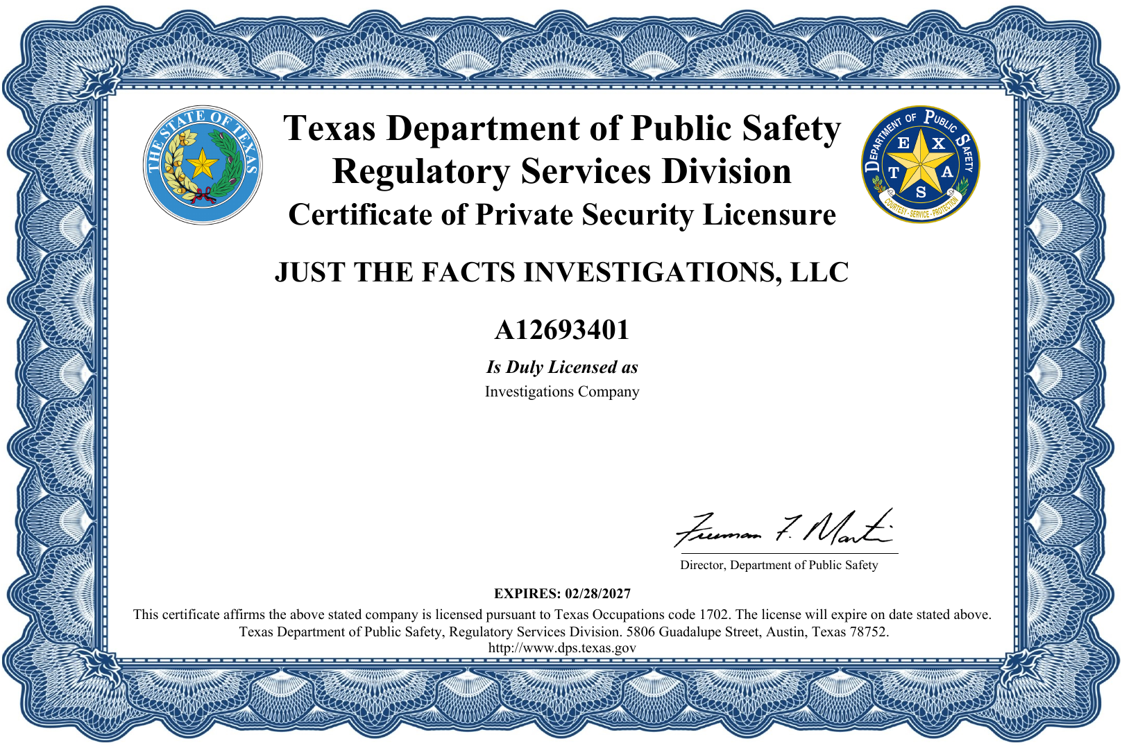 Texas DPS Private Security license certificate for Just the Facts Investigations, LLC, A12693401