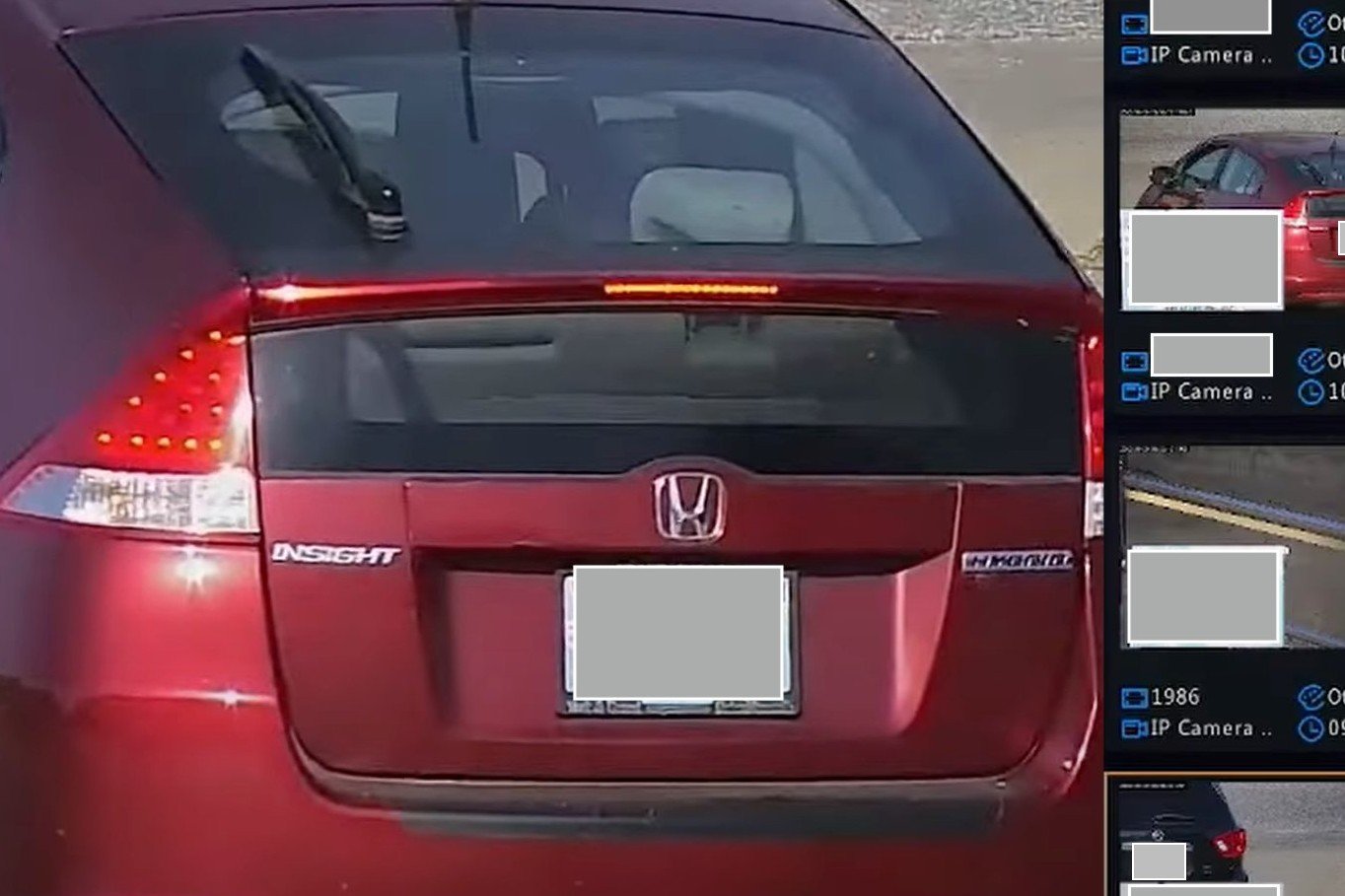 Vehicle sightings search results showing a license plate recognition camera image and a list of recent sightings