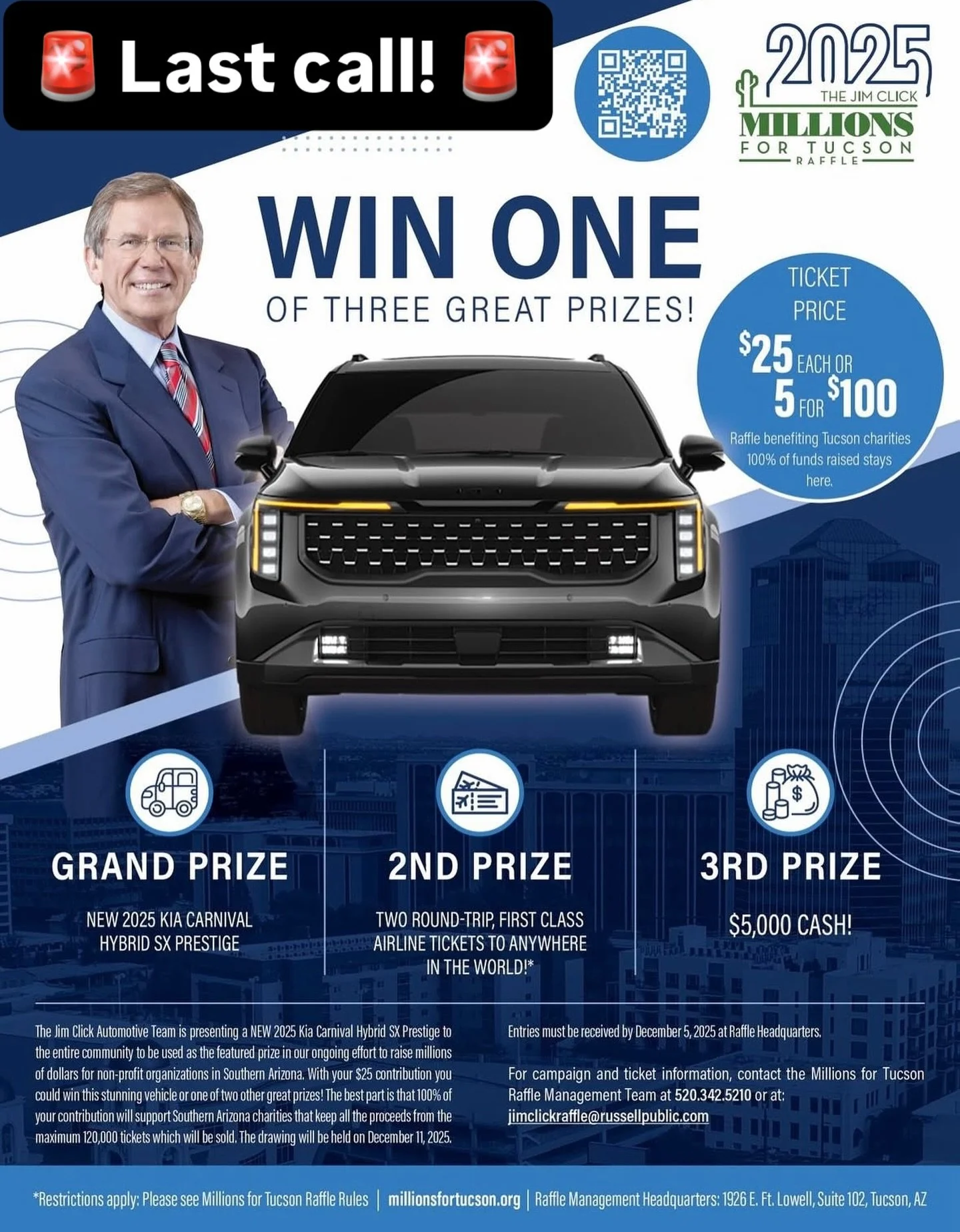 🚨LAST CALL!🚨

Today is the final day to get your Jim Click raffle tickets for a chance to win:

🚘 A 2025 Kia Carnival Hybrid SX Prestige

✈️ Two first-class round-trip tickets anywhere in the world

💰$5,000 cash

And the best part? 100% of the ti