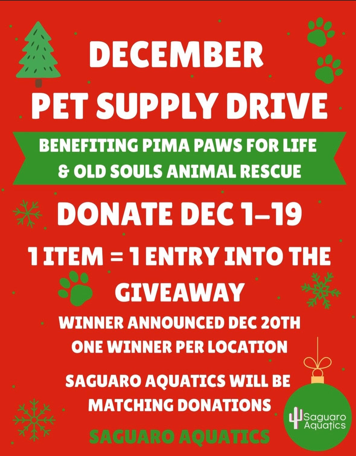 Looking for ways to support a rescue for geriatric, special needs, and hospice animals this holiday season?

🏊 @saguaroaquatics is hosting a pet supply drive on our behalf, matching every donation, and offering a holiday giveaway for everyone who pa
