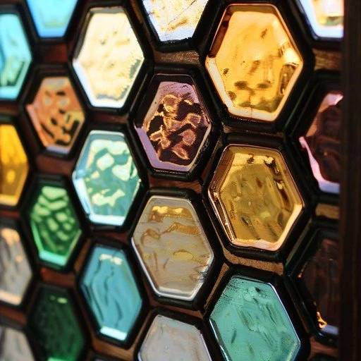 Close-up of colorful hexagonal glass tiles arranged in a honeycomb pattern, with some reflecting light.