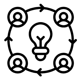 A light bulb in the center with four people icons around it connected by arrows, representing collaboration or ideas.