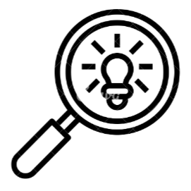 Magnifying glass with a light bulb inside, symbolizing an idea or insight discovery.