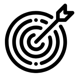 A black and white illustration of a target with concentric circles and an arrow hitting the bullseye.