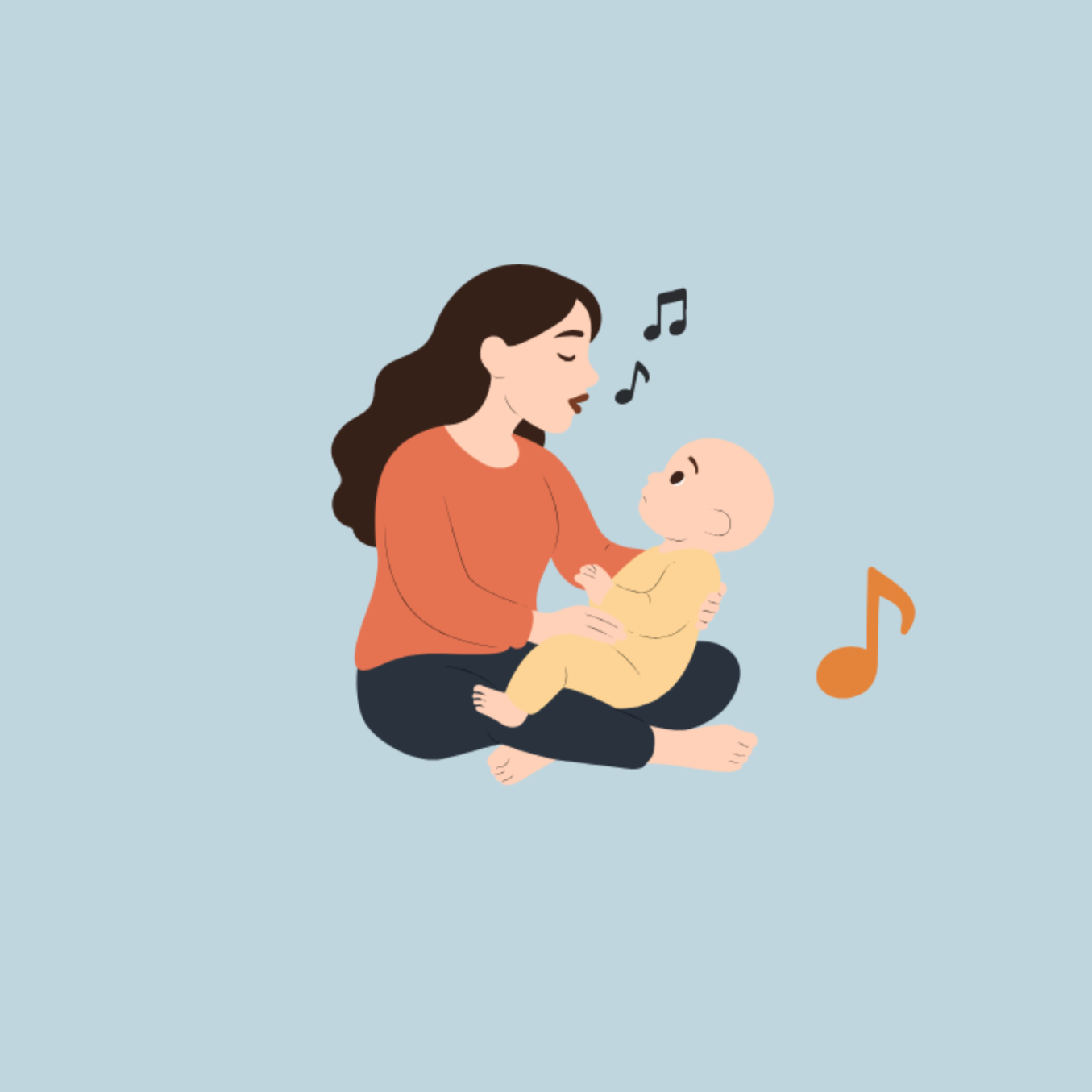 Illustration of a woman sitting cross-legged, singing to a baby who is sitting on her lap, with musical notes around them, set against a light blue background.