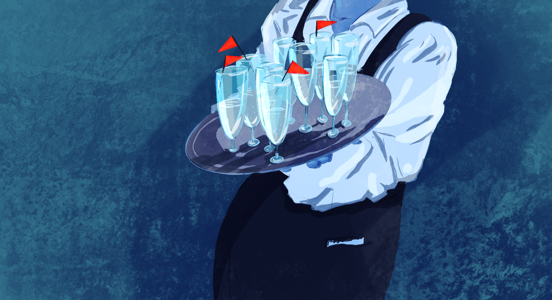 "The Price of Fast Money: The Dark Side of Restaurants and Bars," by Erin Baldwin. [ID: A person in an apron carrying a tray of drinks. the whole image is blue except for tiny red flags in the glasses.]