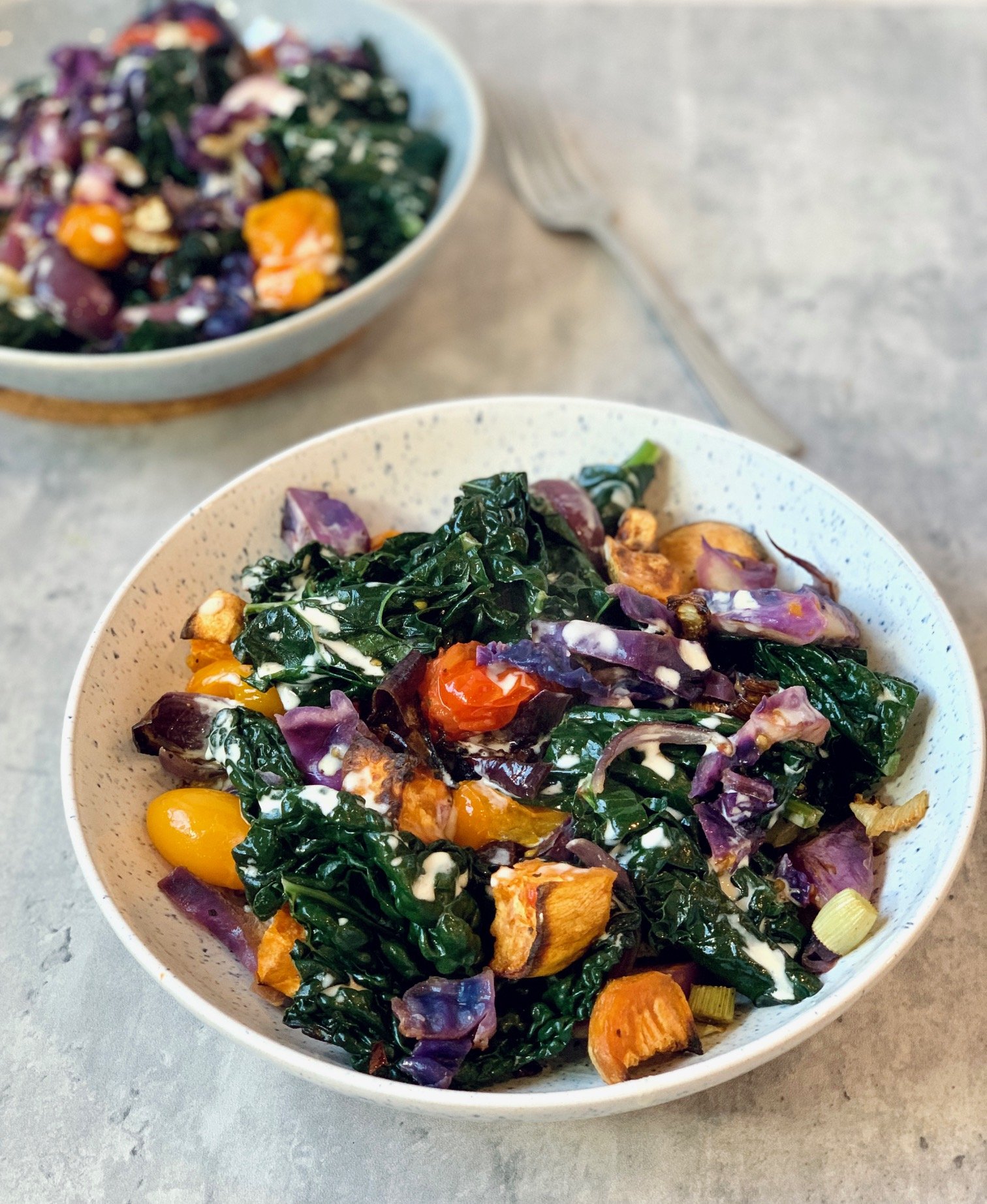 Warm cavolo nero, sweet potato, fennel and red cabbage salad with ...