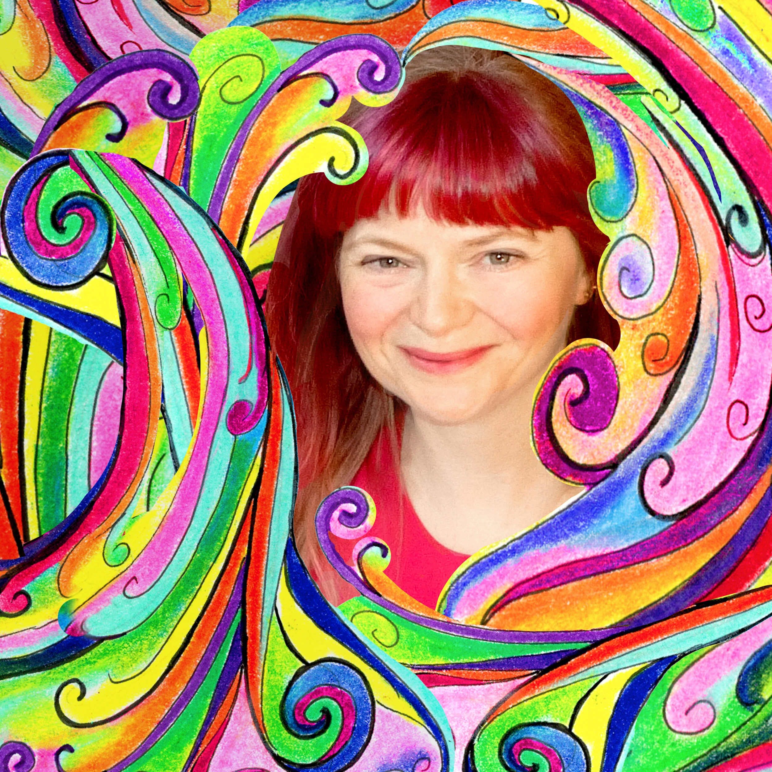 Author and Illustrator Melanie Farrar surrounded by hand-drawn rainbow swirls