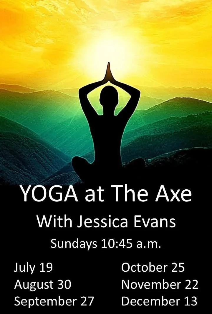 Silhouette of a person practicing yoga in a lotus position with hands in prayer pose against a mountain landscape and sunrise, promoting yoga classes with Jessica Evans on Sundays at 10:45 a.m. on various dates. Half priced drink specials