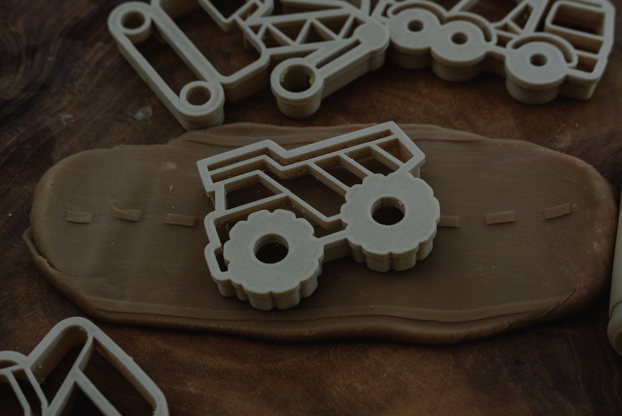 Close-up of dump truck cutter imprint in dough — Kinfolk Pantry’s sustainable playdough cutter set.