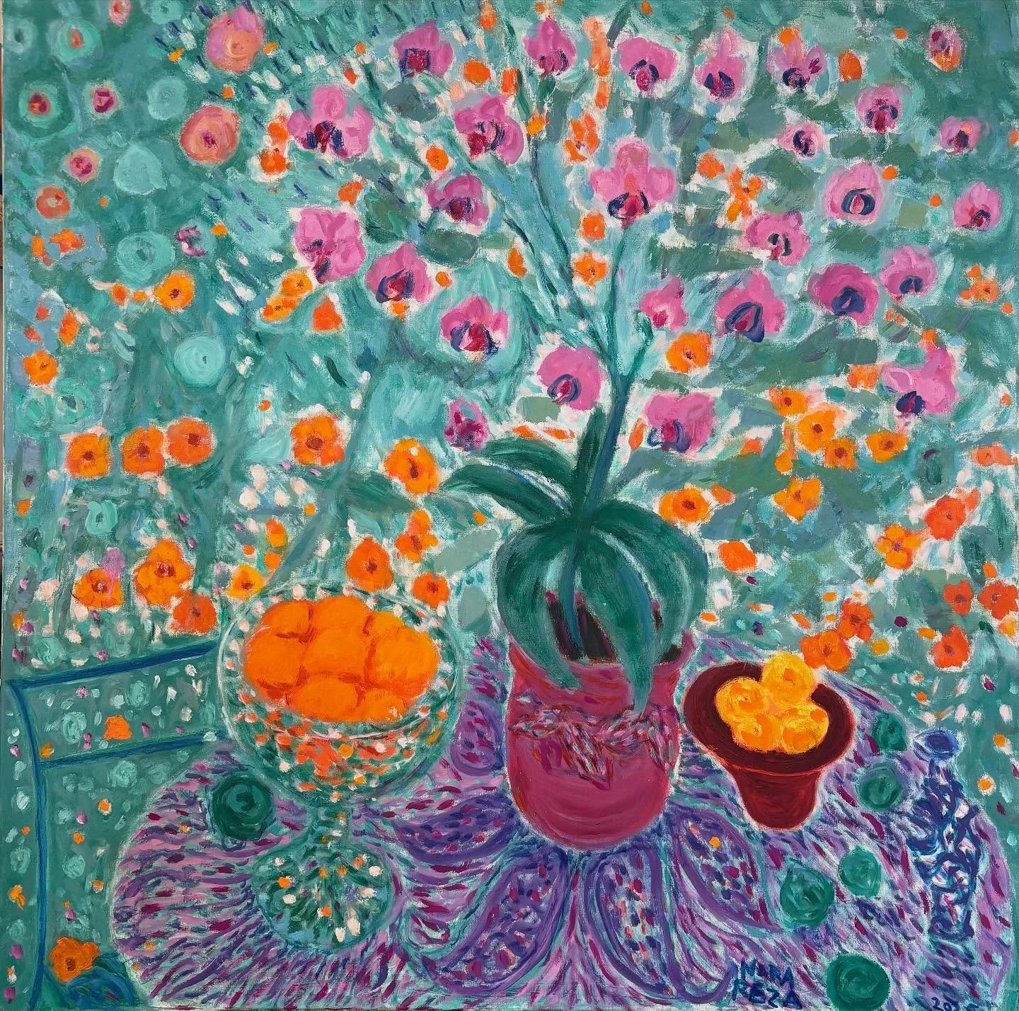 &ldquo;Orchid and oranges on Paisley,&ldquo; oil on linen, 36 inches times 36. 2025.