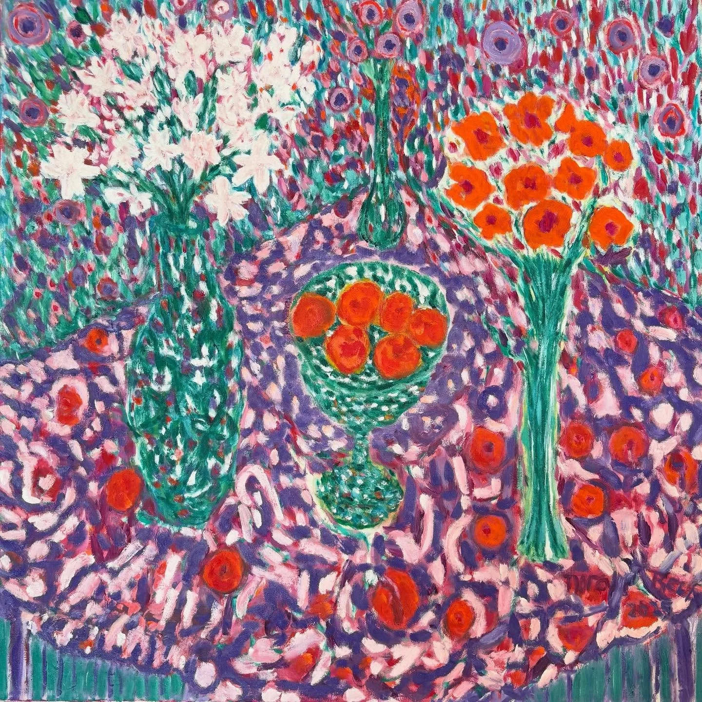 I&rsquo;ve been working on this, it may still be a work in progress. From my Ecstatic Fruit Bowl series. &ldquo;Three Vases and Fruit bowl&ldquo;  36 inches x 36&rdquo;. 2025. #oiloncanvas  #sfbayareaartist