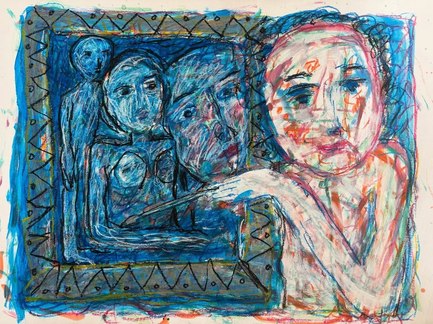 From &ldquo;The artist in her Studio,&ldquo; series. On Bristol paper, 19 inches x 25&rdquo;. #oilpastel #mixedmedia #sfbayareaartist