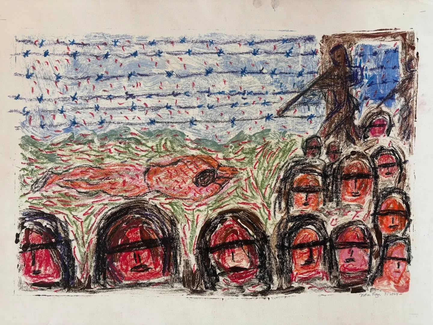 &ldquo;Detention,&rdquo; mixed media on Bristol paper, 19 inches x25&rdquo;. #drawing #palestine #ICE.