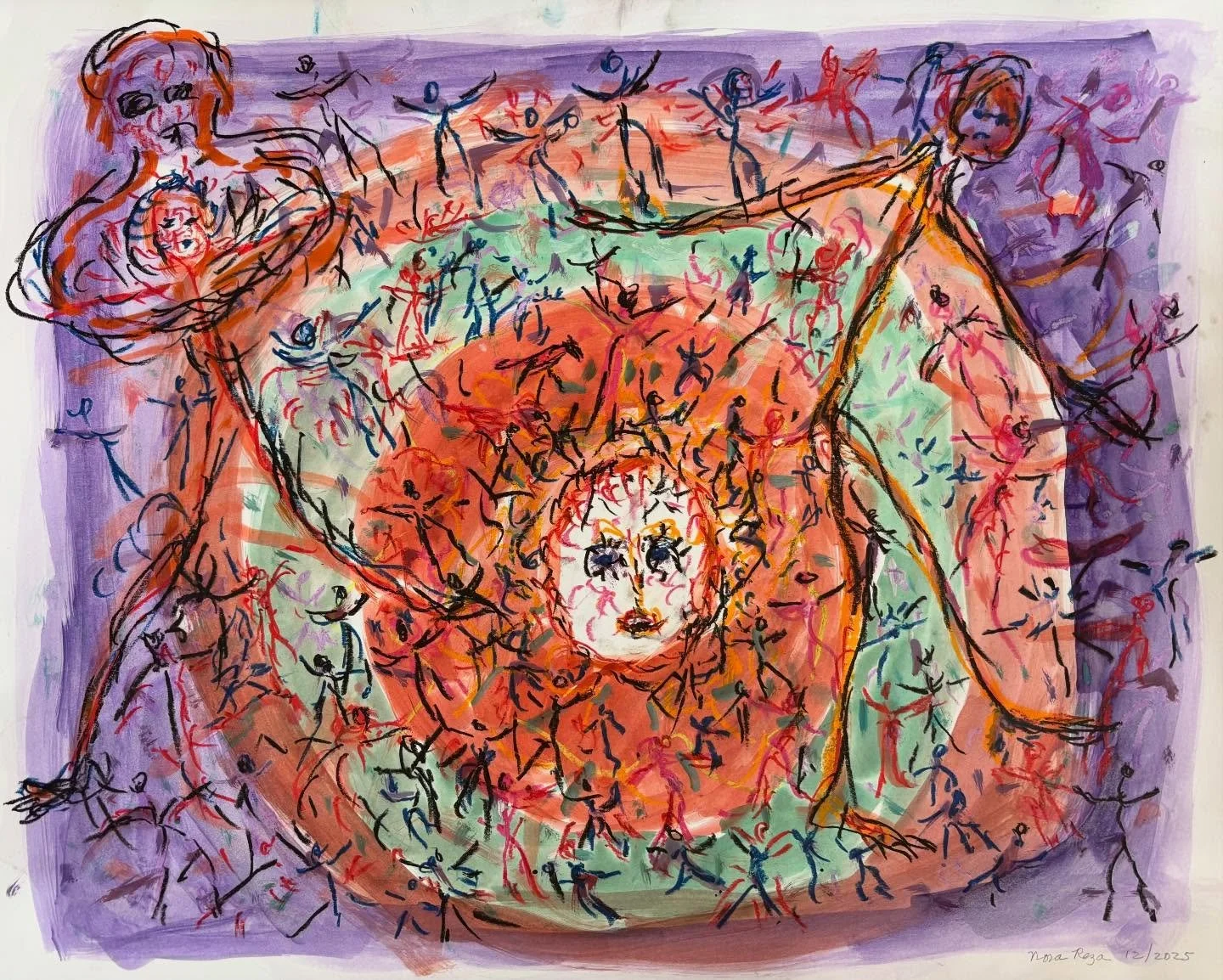 &ldquo;So the Platonic Year Whirls out new right and wrong, Whirls in the old instead; All men are dancers, and their tread Goes to the barbarous clanger of a gong.&ldquo; Oil pastel and ink on Bristol, 19 inches x 25&rdquo;. 12/2025.  #yeats #newyea