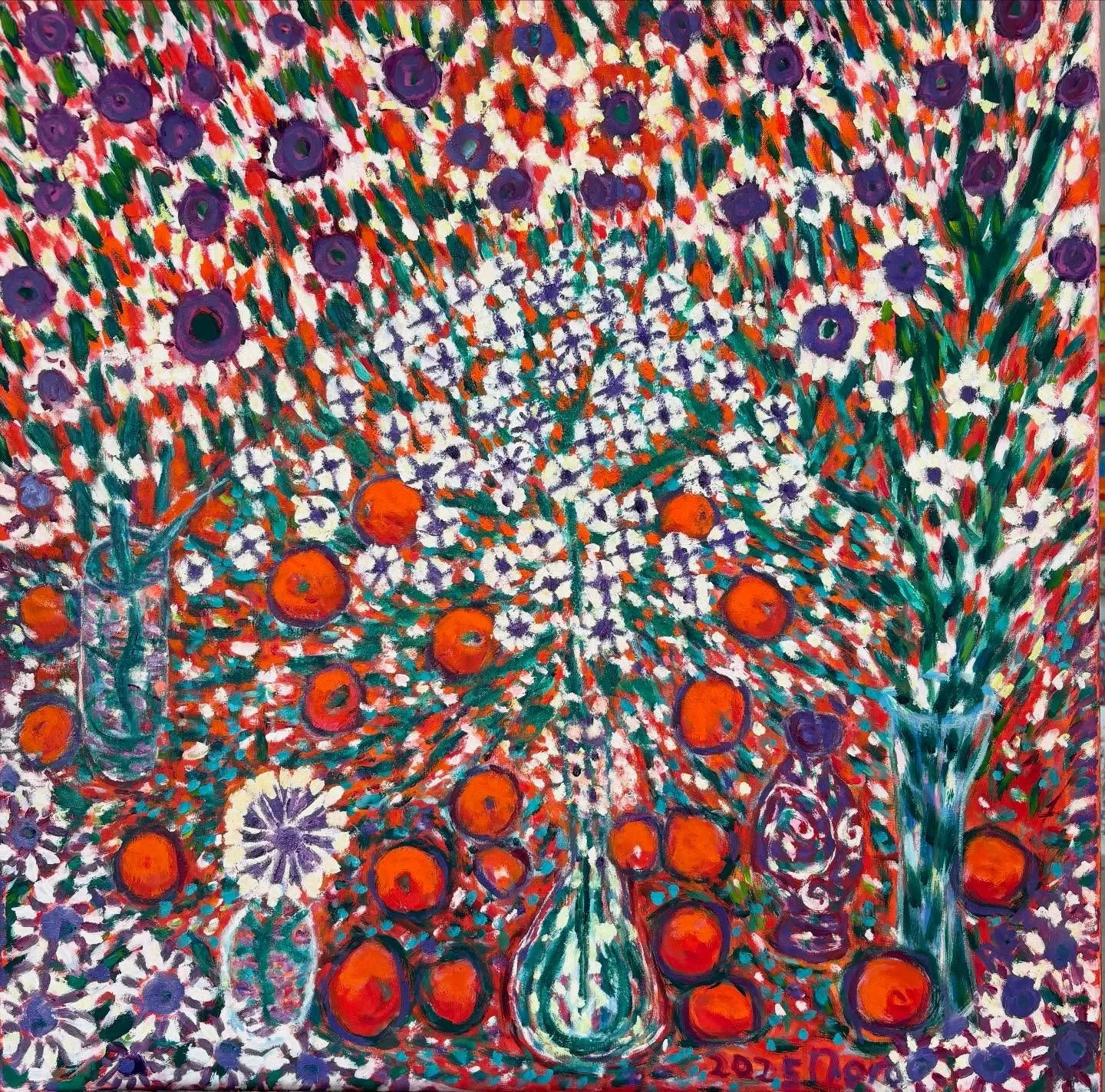 Happy Christmas and Happy Holidays to all! &ldquo;Still life with purple and white flowers and fruit&ldquo; oil on linen, 2025.