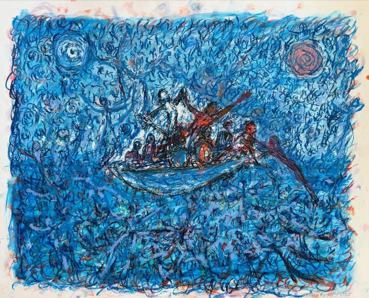 &ldquo;Does wandering in these desolate seas And listening to the cry of wind and wave Bring madness?&ldquo;. Oil and oil pastel on Bristol 19 inches X 25. 12/2025.  #sea #refugee #venezuela #gaza #yeats