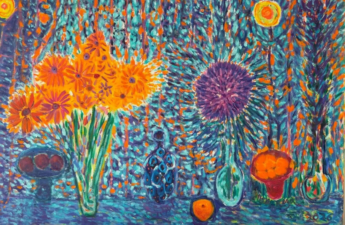 &ldquo;Blues with sunflowers&rdquo;, oil on linen, 24&ldquo; x 36&ldquo;, 2022&ndash;26.