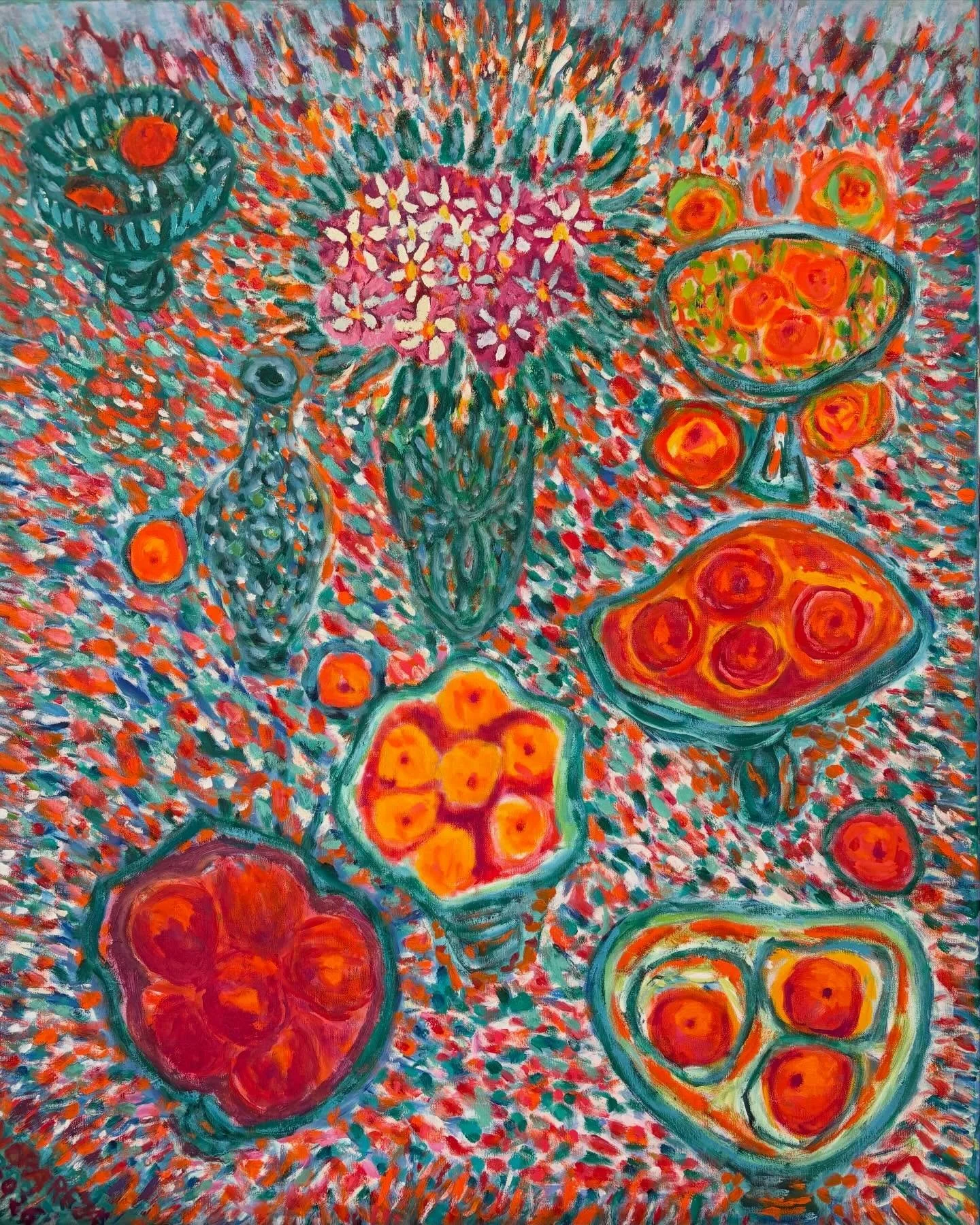&ldquo;Six Fruit Bowls and Flowers,&rdquo; oil on linen, 30 inches x 24&rdquo;. 2022-26.  #sfbayareaartist