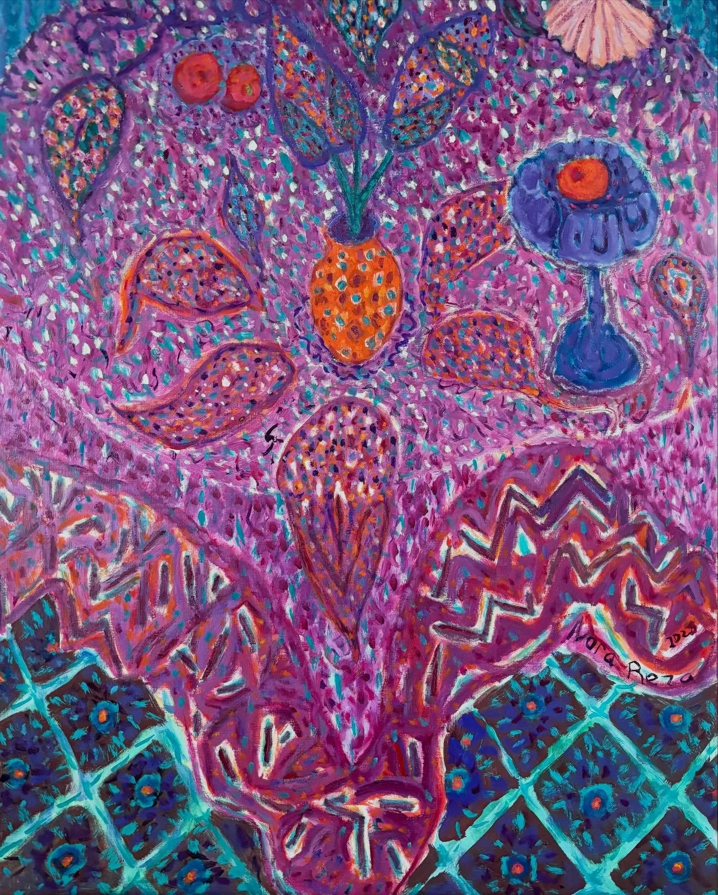 &ldquo;Pink and Purple Paisley,&rdquo; oil on linen, 30 inches x 24,&rdquo; 2025.  I received a Paisley-patterned cloth as a teenager, and I have been inspired by it for many paintings. It is now much faded. #oaklandartist #stillife