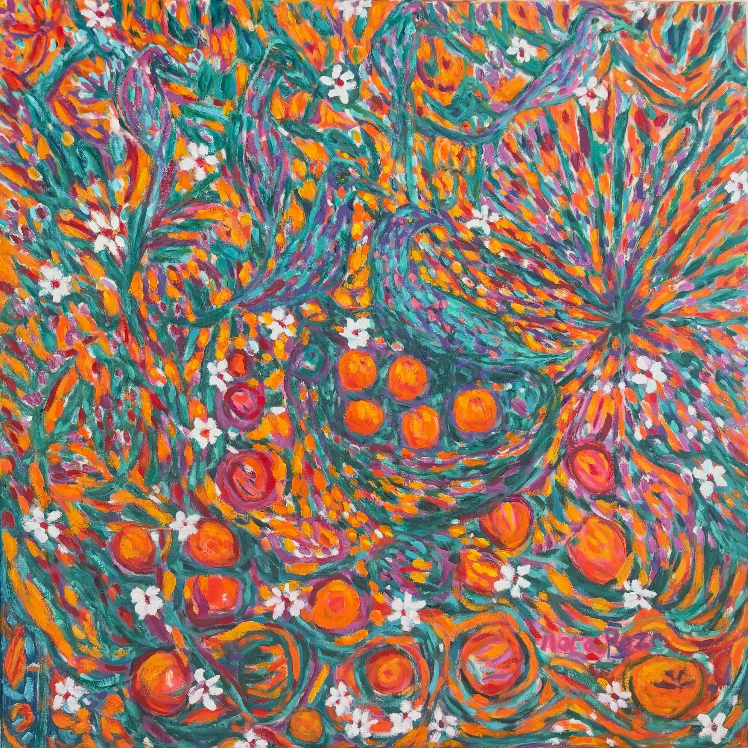 &ldquo;Fruit with birds,&rdquo; oil on linen, 30 inches  x 30&ldquo;, 2026.