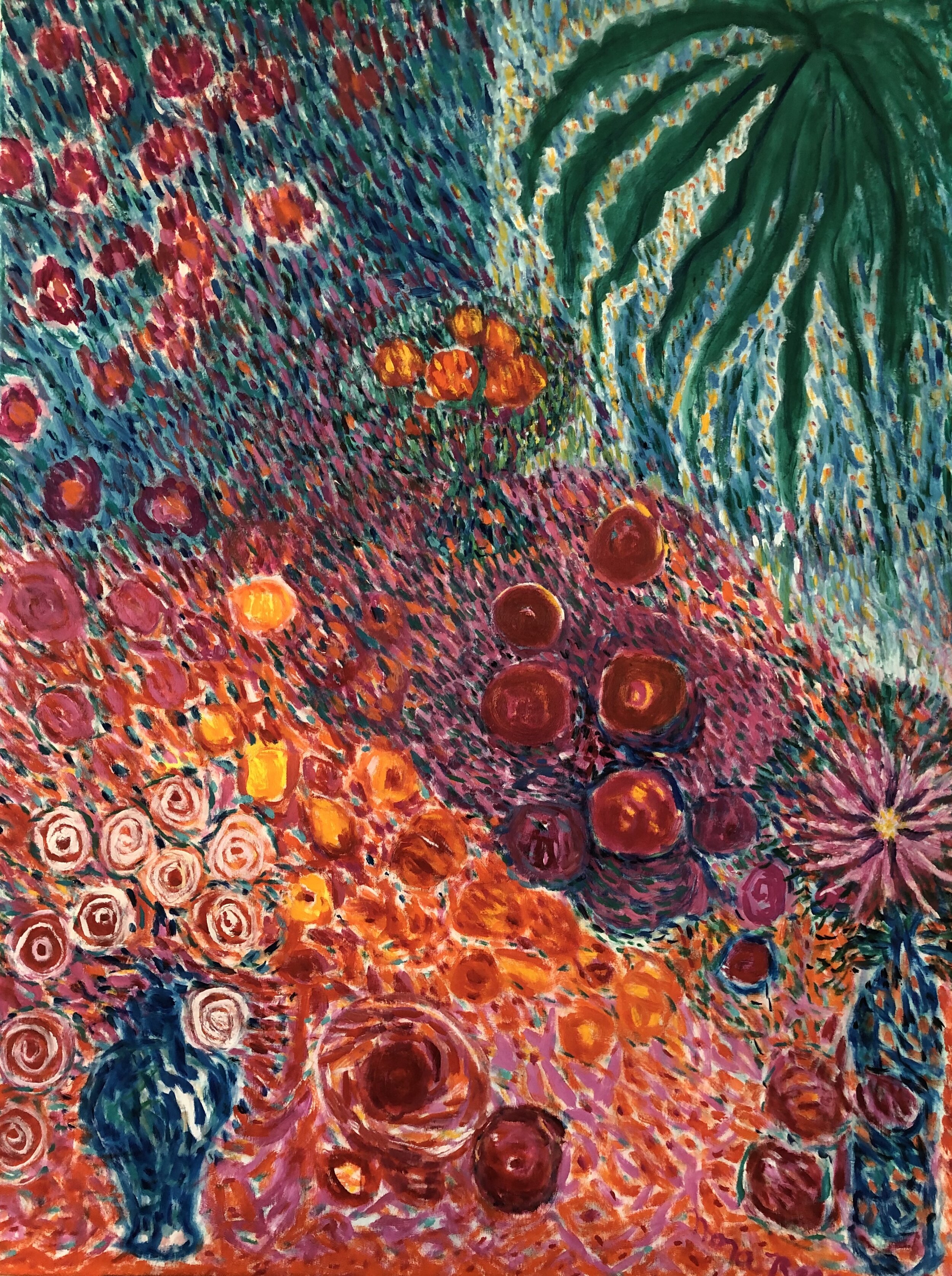 "Christmas Palm and Fruit", Oil on Linen, 40' x 30".   2020.   
