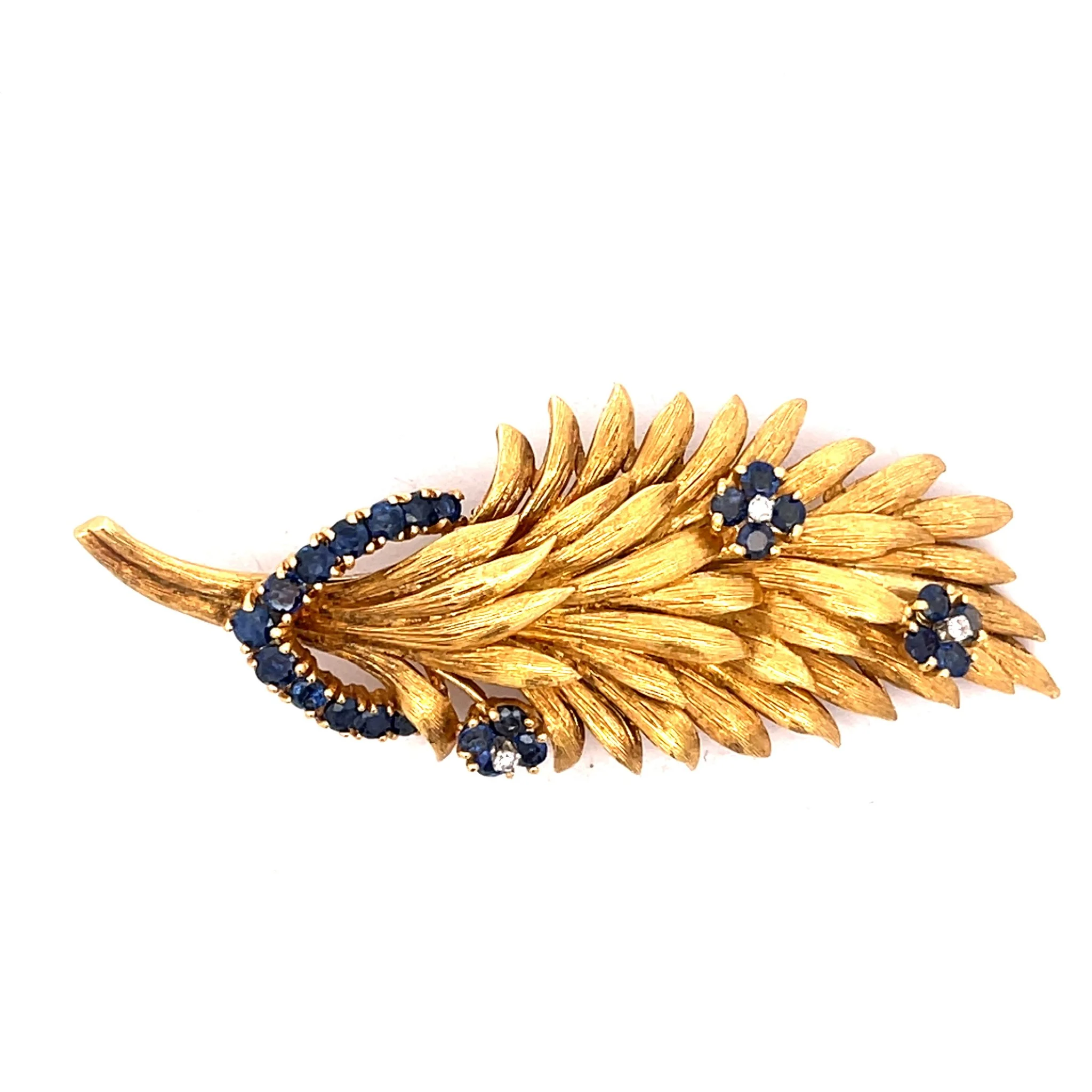 18K Gold Sapphire & Diamond Leaf Brooch Pin