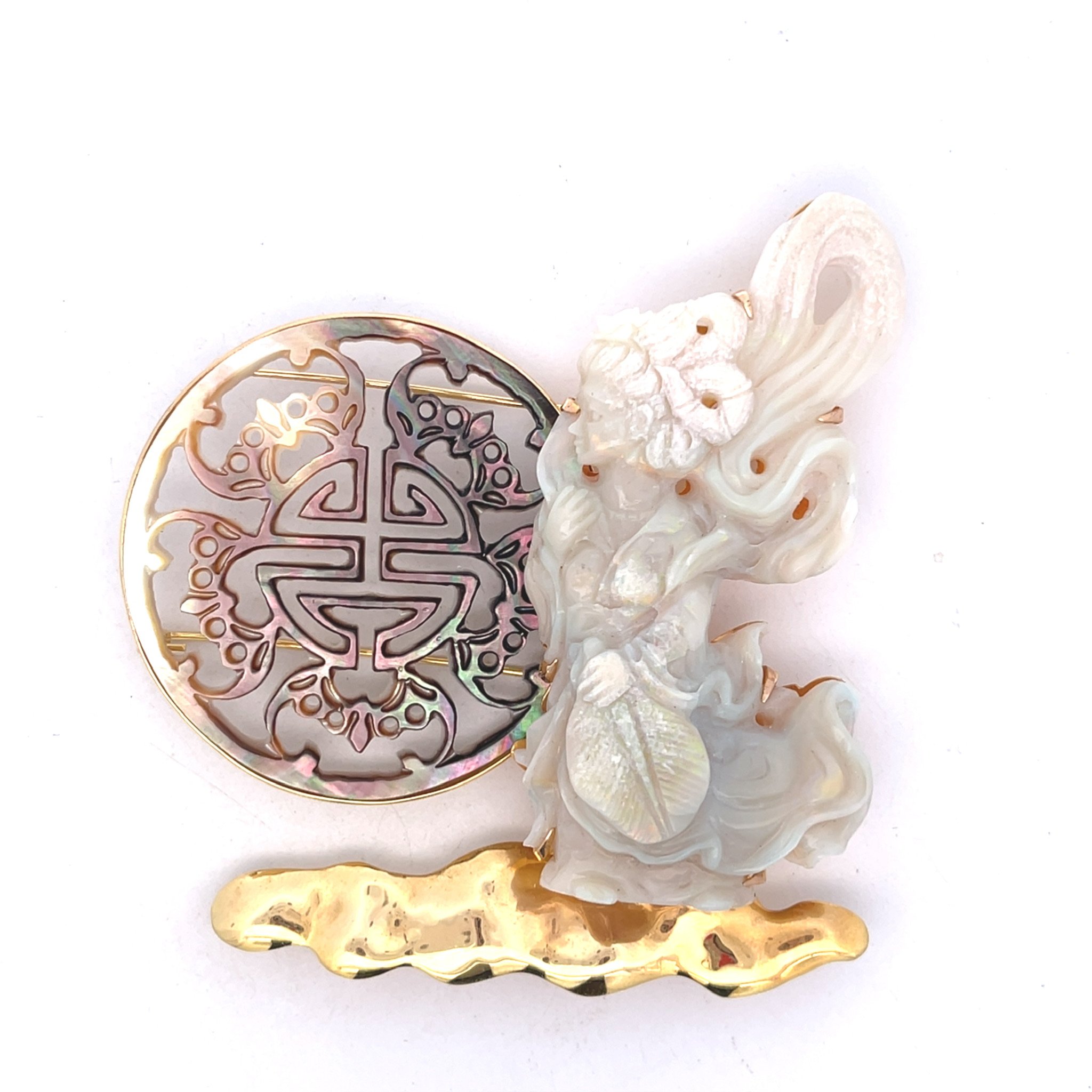 14K Carved Opal & Mother of Pearl Pin Brooch