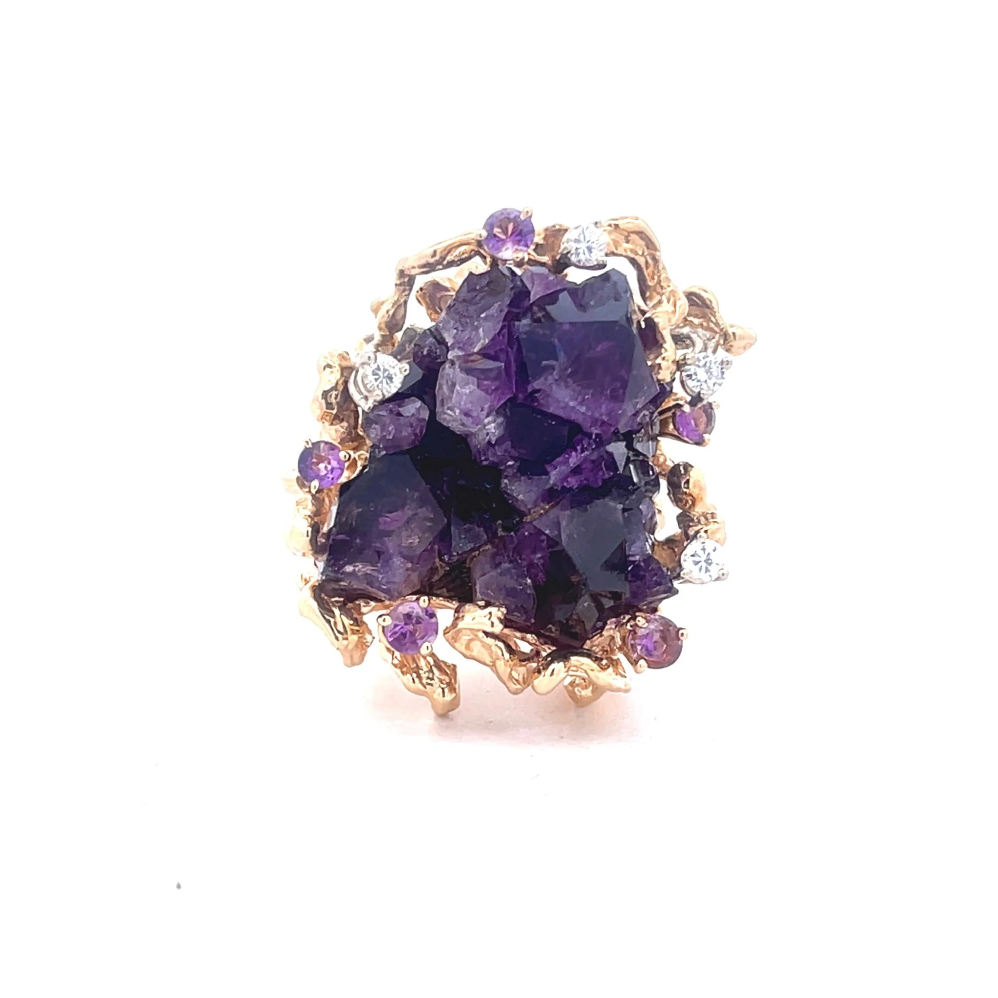 14K Large Amethyst Geode & Diamond Nugget Ring
