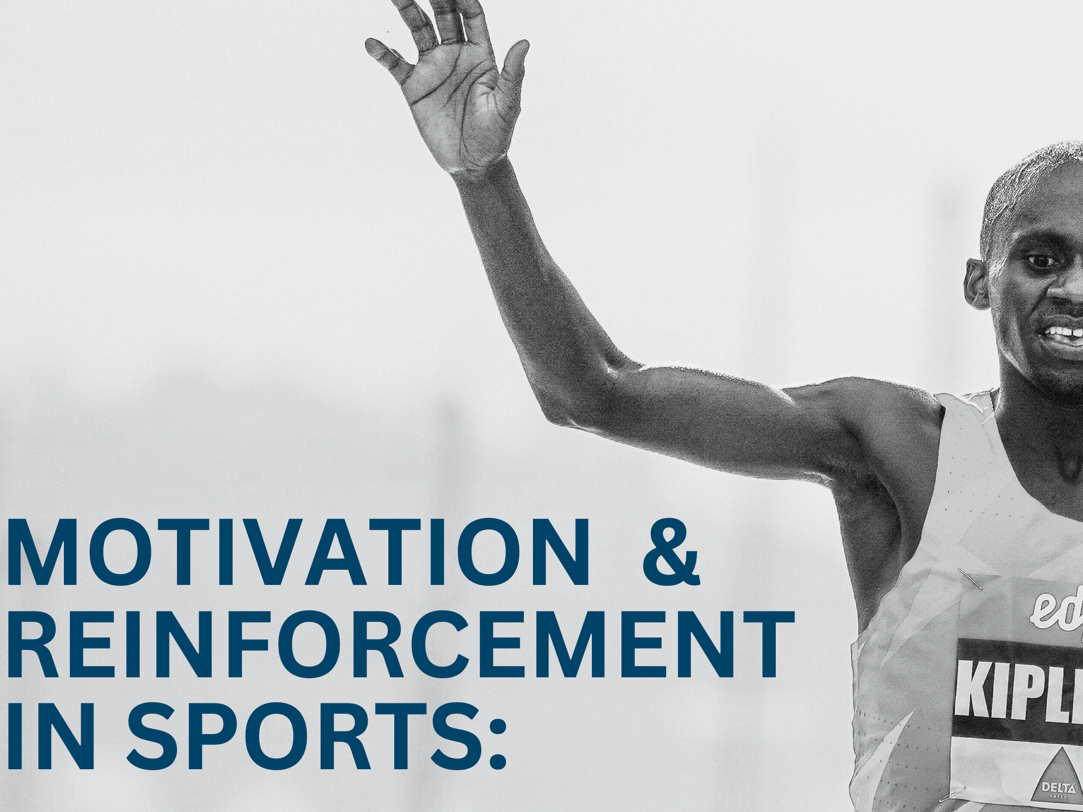 Black and white image of a runner crossing the finish line with a hand raised. Text overlay: "Motivation & Reinforcement in Sports: Unleashing the Power Within" by Steve Cockram. Background shows Lisbon marathon finish tape with logos.