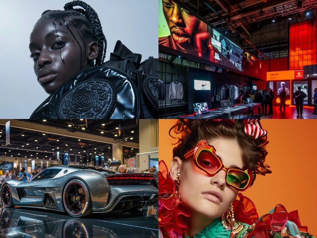 A collage of four creative-world images: a woman in a sculptural black jacket, an immersive retail technology installation, a silver concept sports car, and a fashion portrait in colorful eyewear.